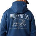 Blue hoodie with 'WORKHOGS' text and graphic on the back, worn by a person.