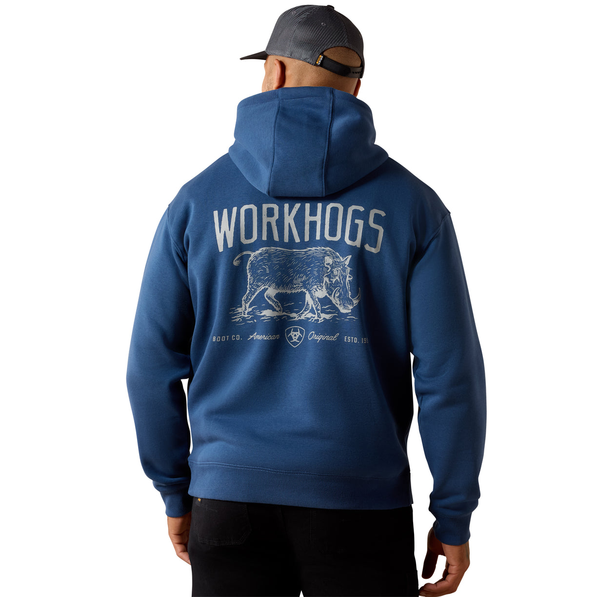 Person wearing a blue hoodie with 'Workhogs' branding on the back, standing against a white background.
