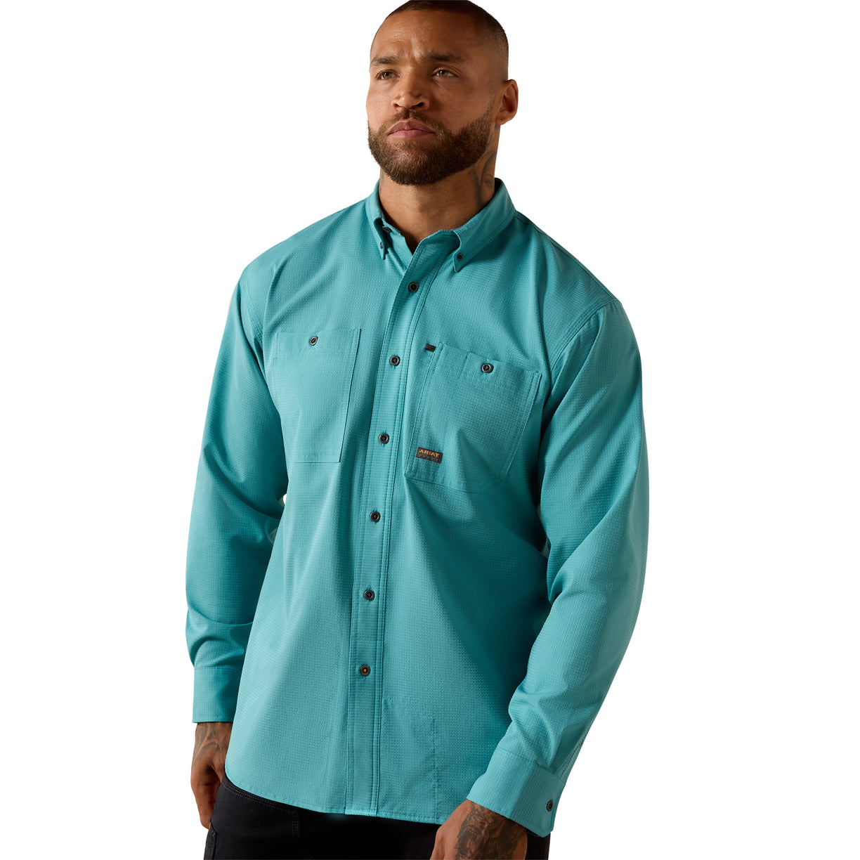 Turquoise long sleeve work shirt with dual chest pockets