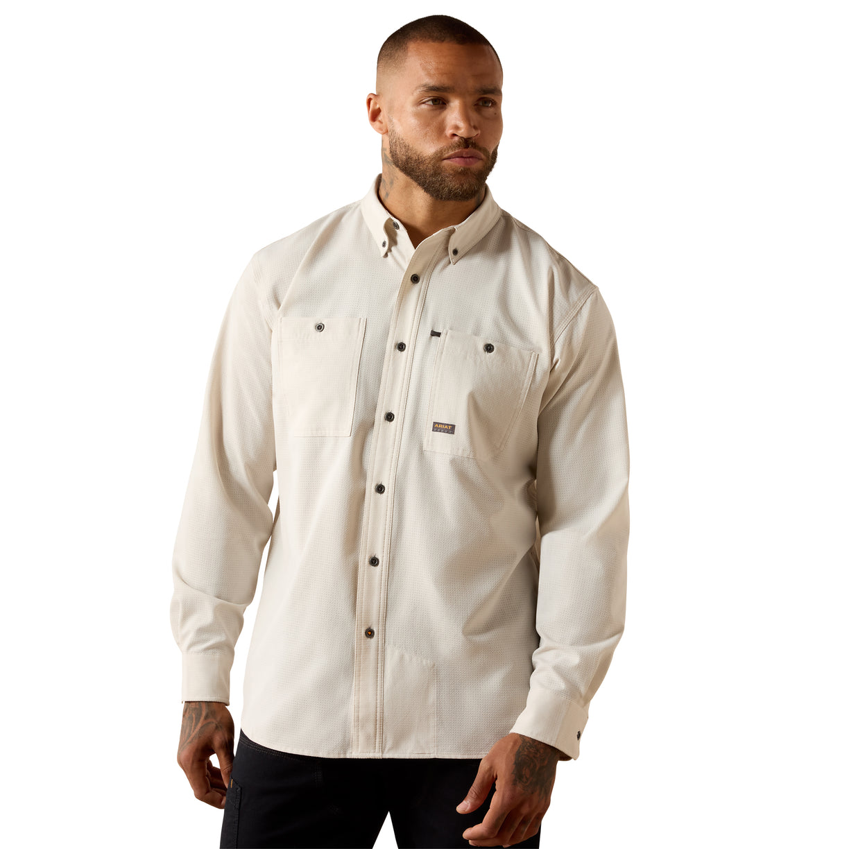 Ariat Rebar Made Tough 360 Airflow Work Shirt in Moonbeam beige with dual chest pockets