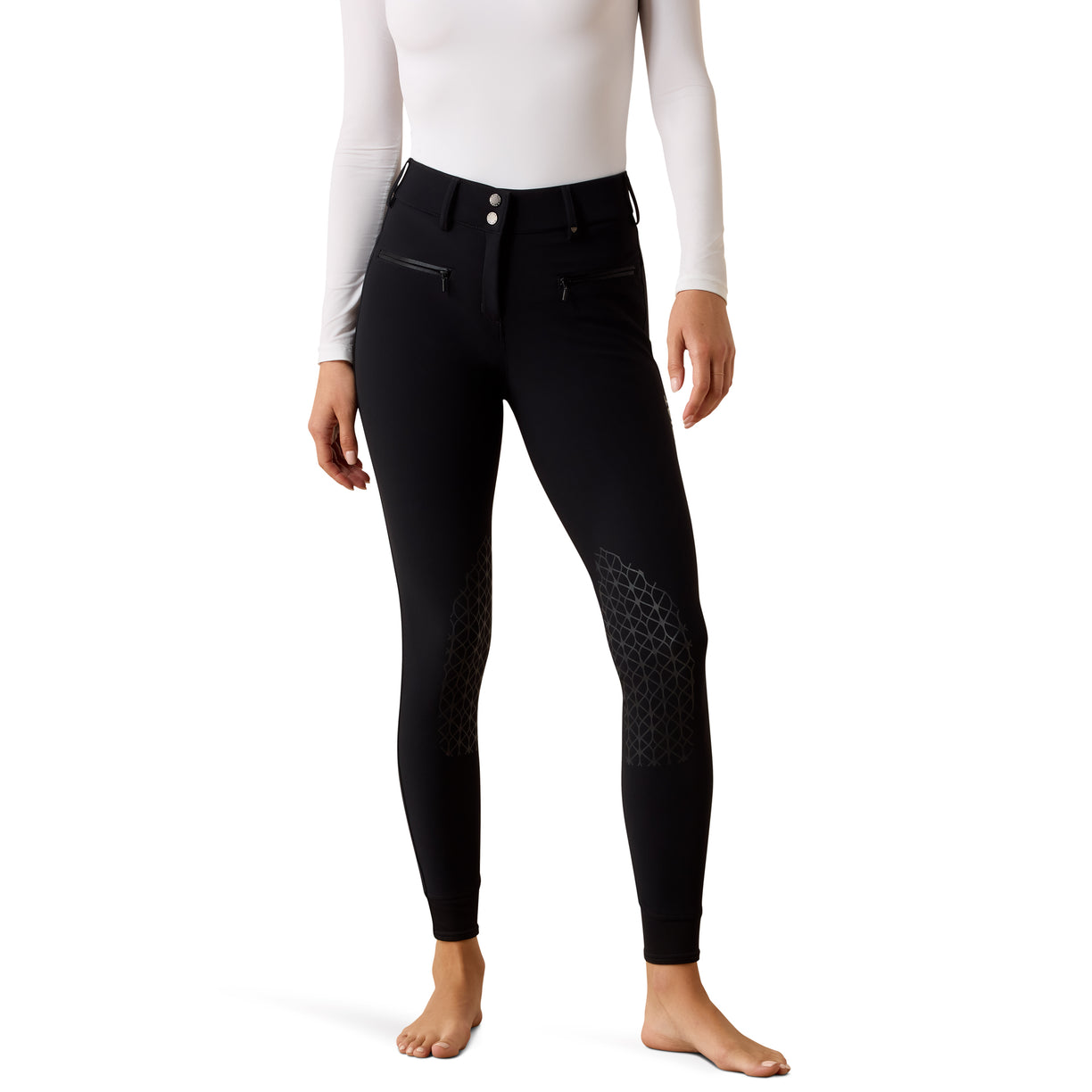 Black knee patch riding breeches with satin trim and zip pockets