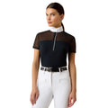 Woman wearing the Ariat Allure Show Shirt in black with sheer mesh yoke and stand collar
