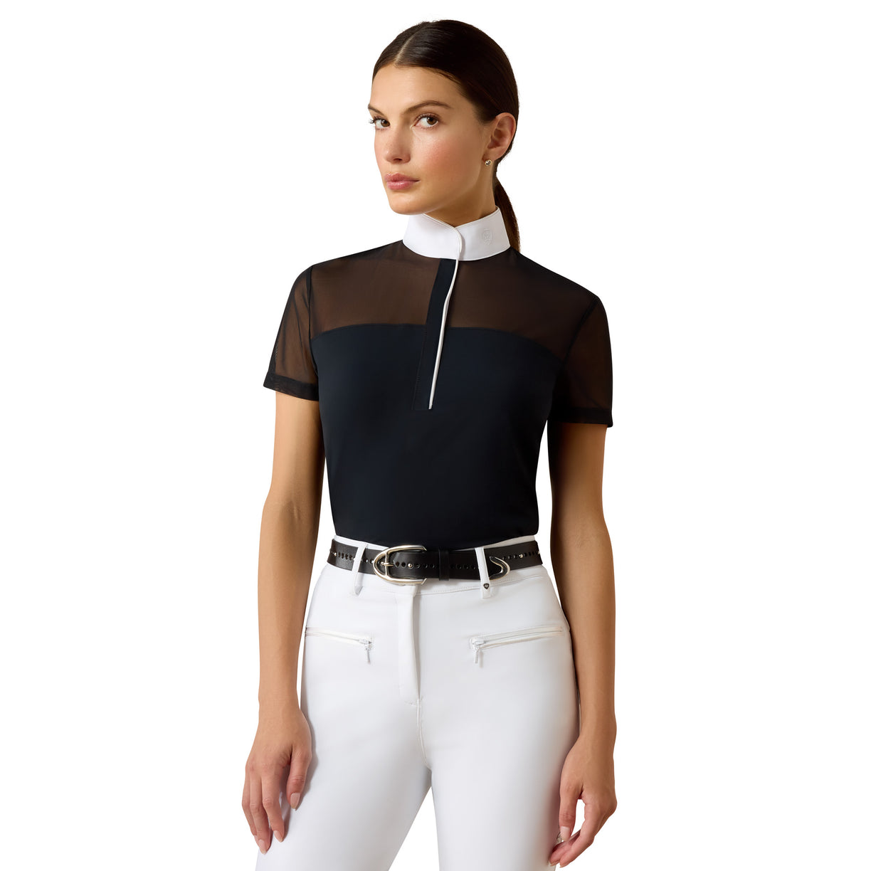 Woman wearing the Ariat Allure Show Shirt in black with sheer mesh yoke and stand collar