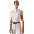 White and beige short sleeve show shirt with sheer mesh panel and high collar