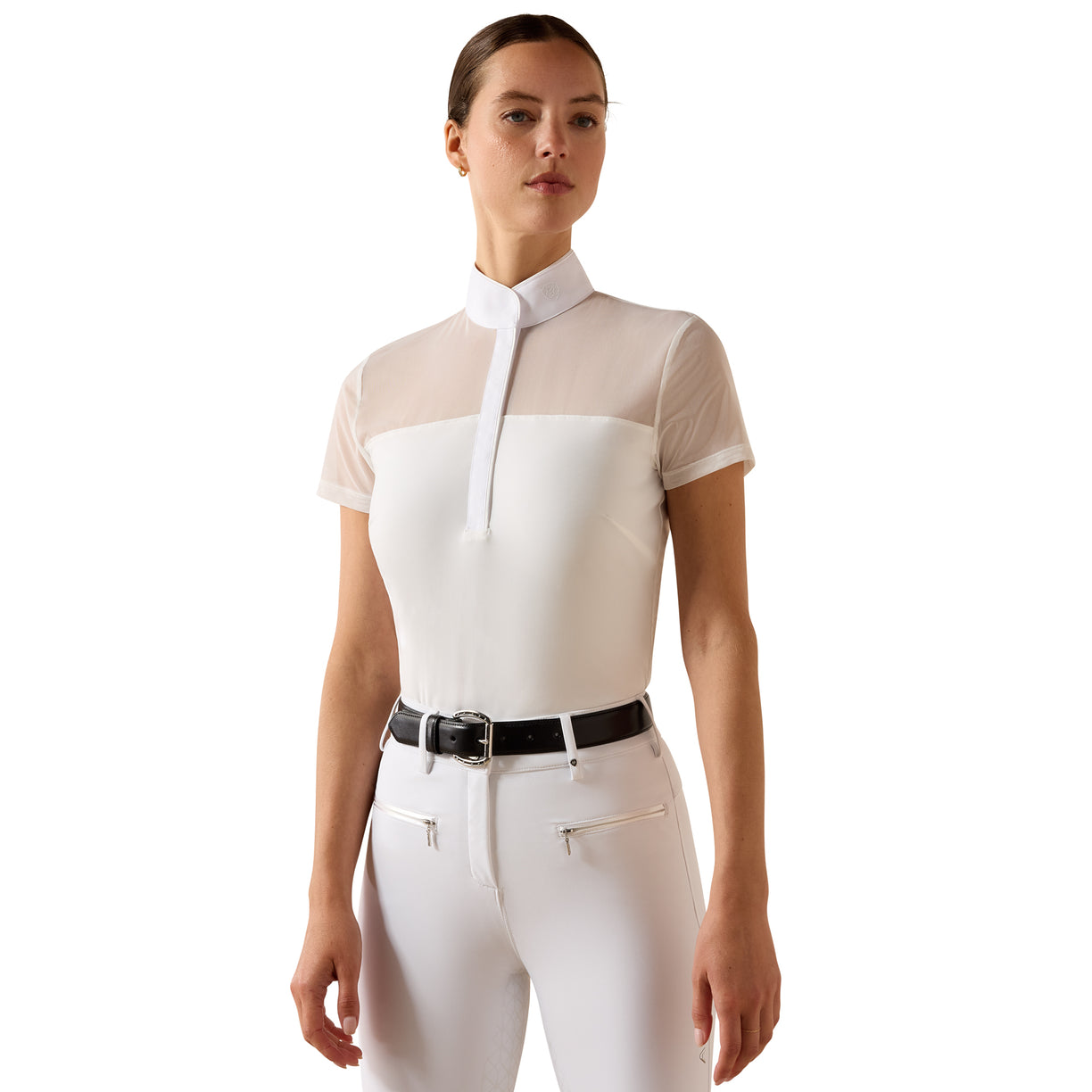 White and beige short sleeve show shirt with sheer mesh panel and high collar