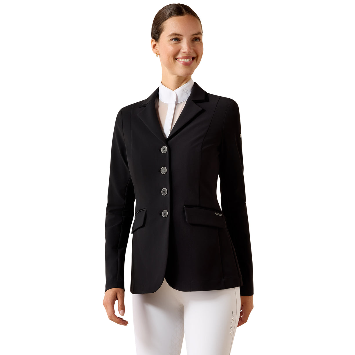 Ariat Allure Show Coat in black - tailored equestrian riding jacket with white collar insert, front view on model