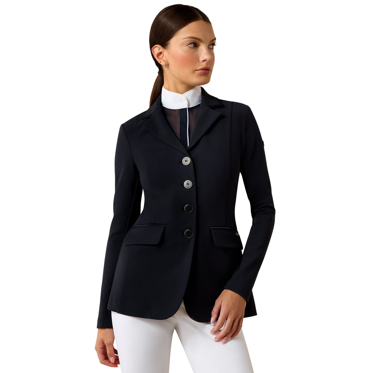 Woman wearing the Ariat Allure Show Coat in navy with tailored lapel and hidden front zip