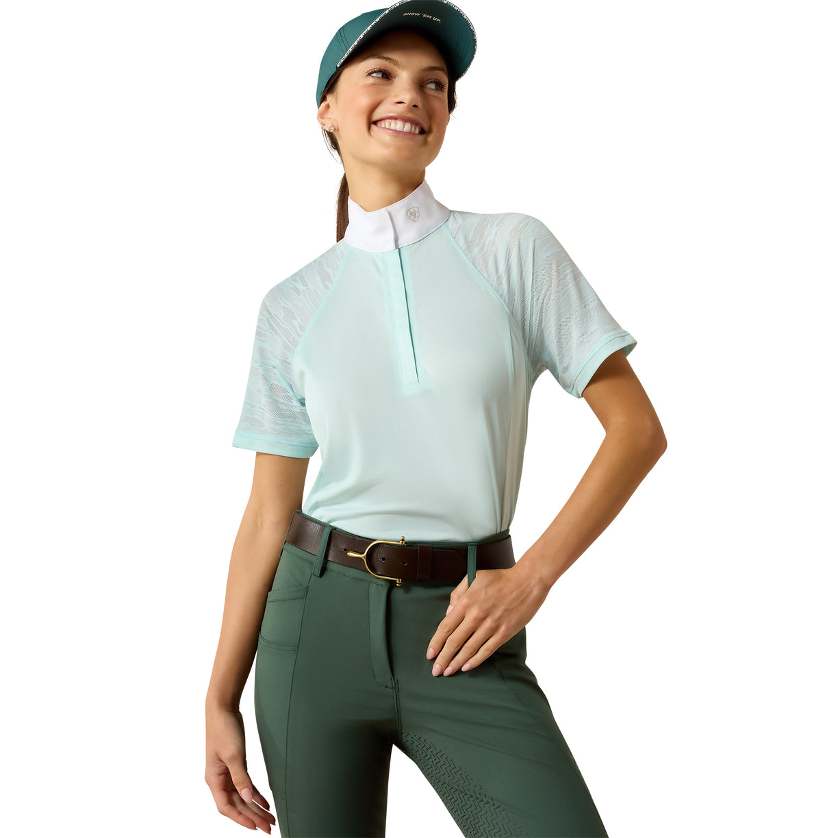 Ariat Aptos Vent 2.0 Show Shirt in mint green with tiger stripe mesh shoulder panels