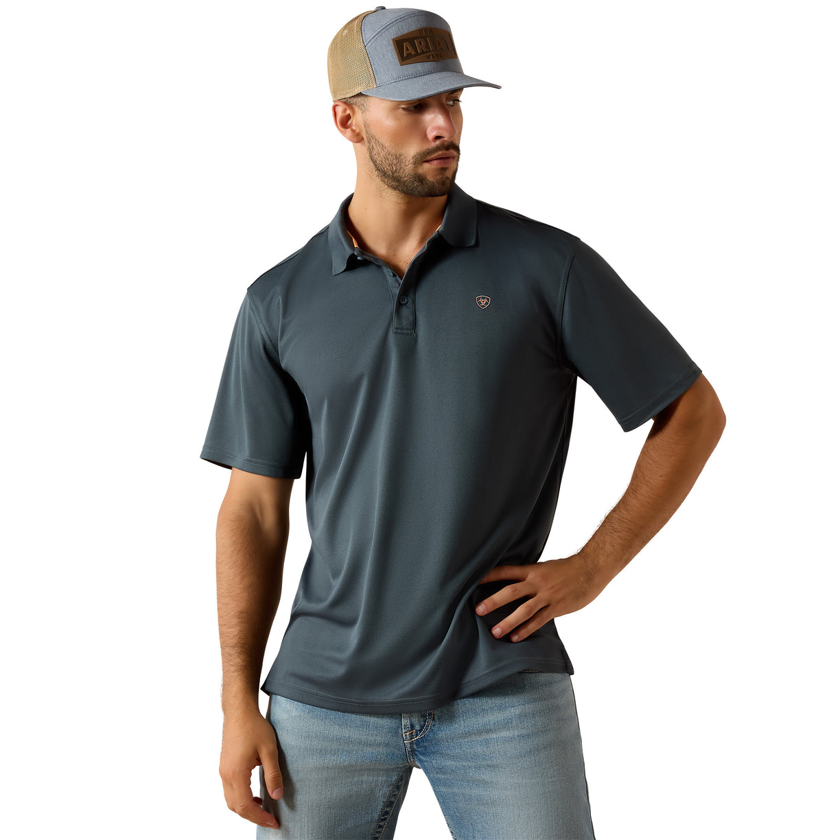 Dark slate blue short sleeve polo shirt with embroidered logo