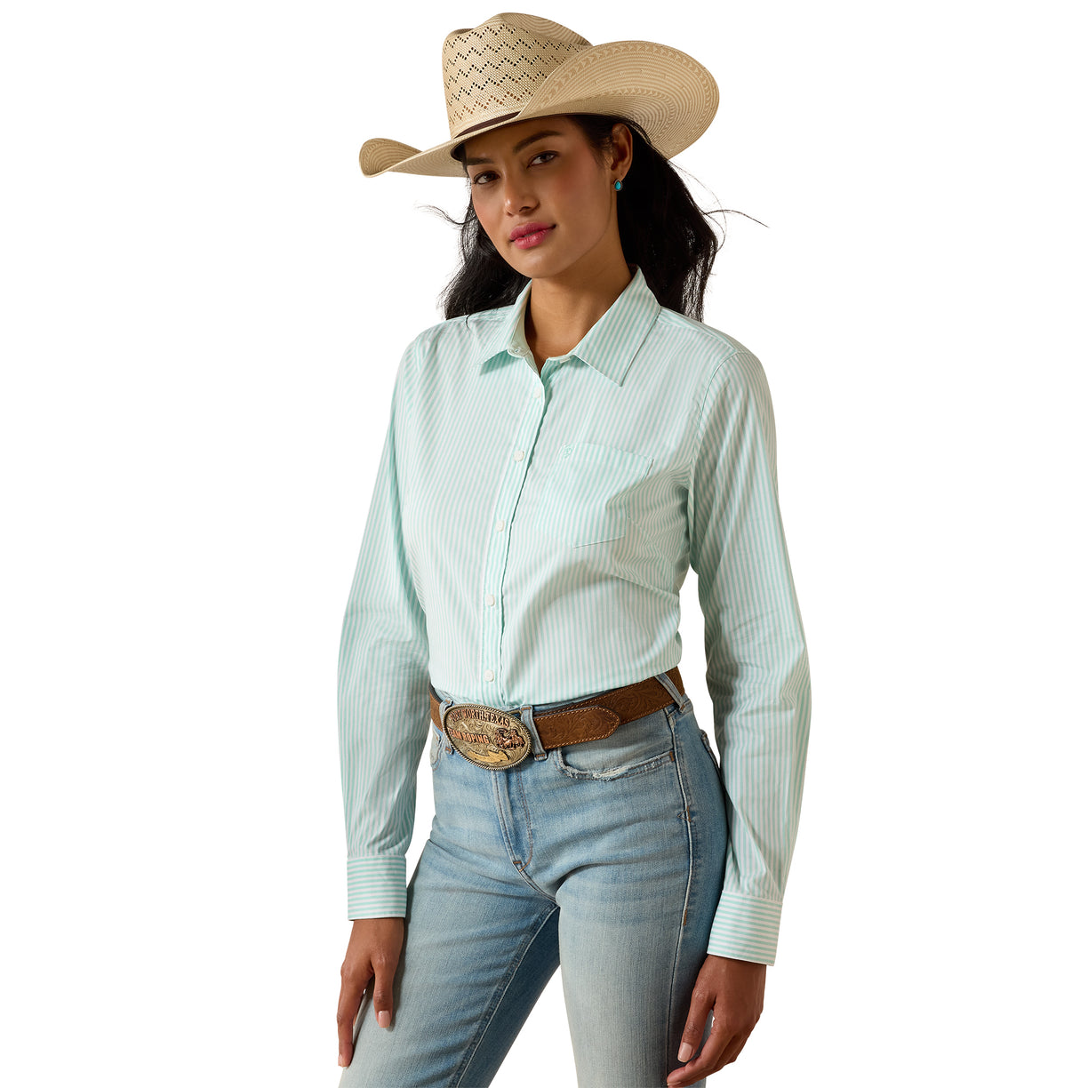 Woman wearing a light blue striped shirt, jeans, and a cowboy hat on a white background