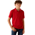 A boy modelling a bright red Ariat short-sleeve polo shirt with blue jeans
