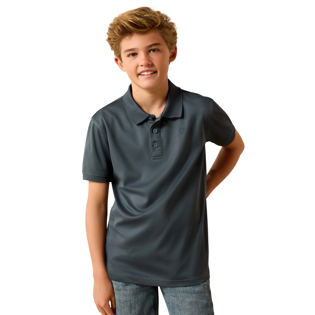 Young boy wearing a gray polo shirt on a white background