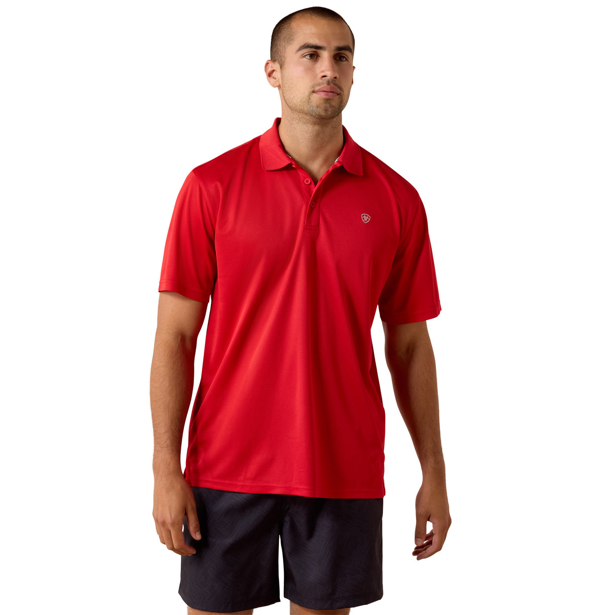 Bright red short sleeve polo shirt with embroidered chest logo