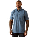 Man wearing a slate blue short sleeve work shirt with dual chest pockets