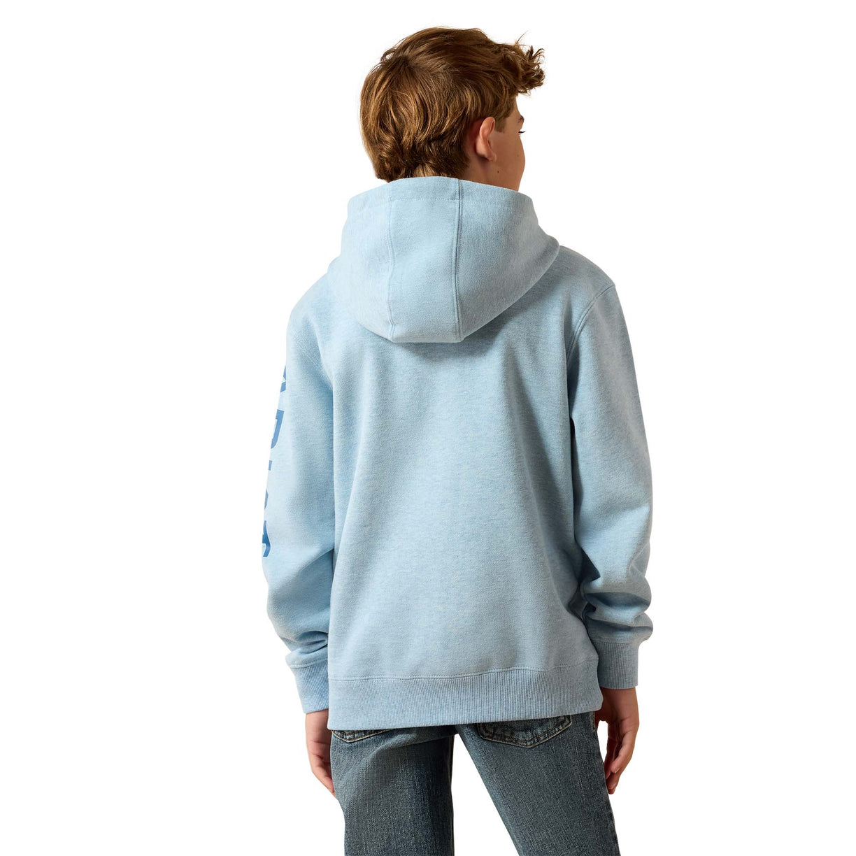 A child shown from the back wearing a light blue hooded sweatshirt and blue jeans against a plain white background.