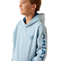 A light blue heathered hoodie with a dark blue interior hood lining and sleeve print, worn by a young male model in profile against a white background. The hoodie features a shield logo on the left chest and the brand name 'ARIAT' printed vertically on the right sleeve.