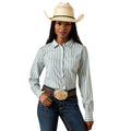 Woman wearing a striped shirt, jeans, and a cowboy hat on a white background