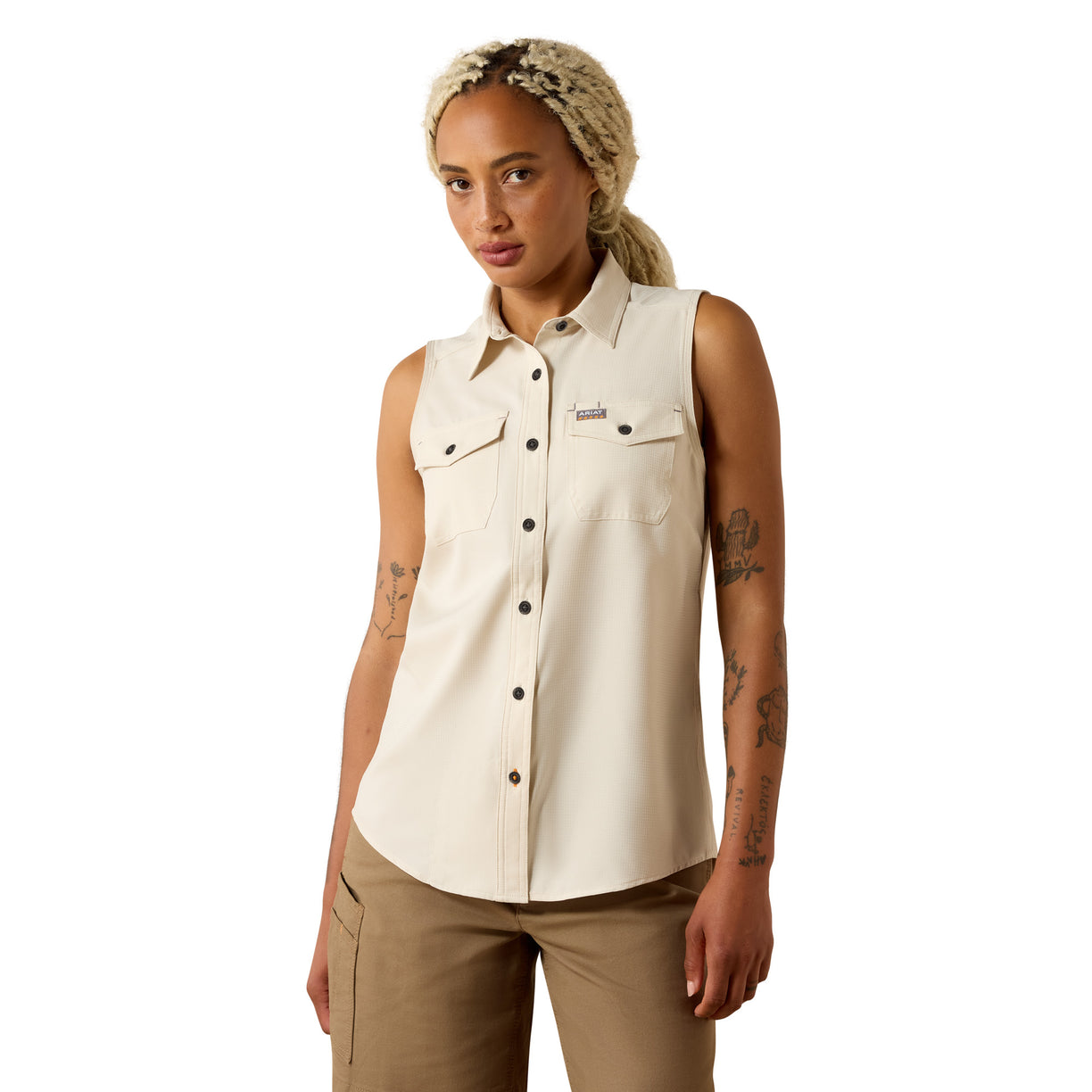 Ariat Rebar Made Tough VentTEK DuraStretch Tank in Oatmeal with chest pockets