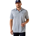 Navy and white geometric print polo shirt with embroidered logo