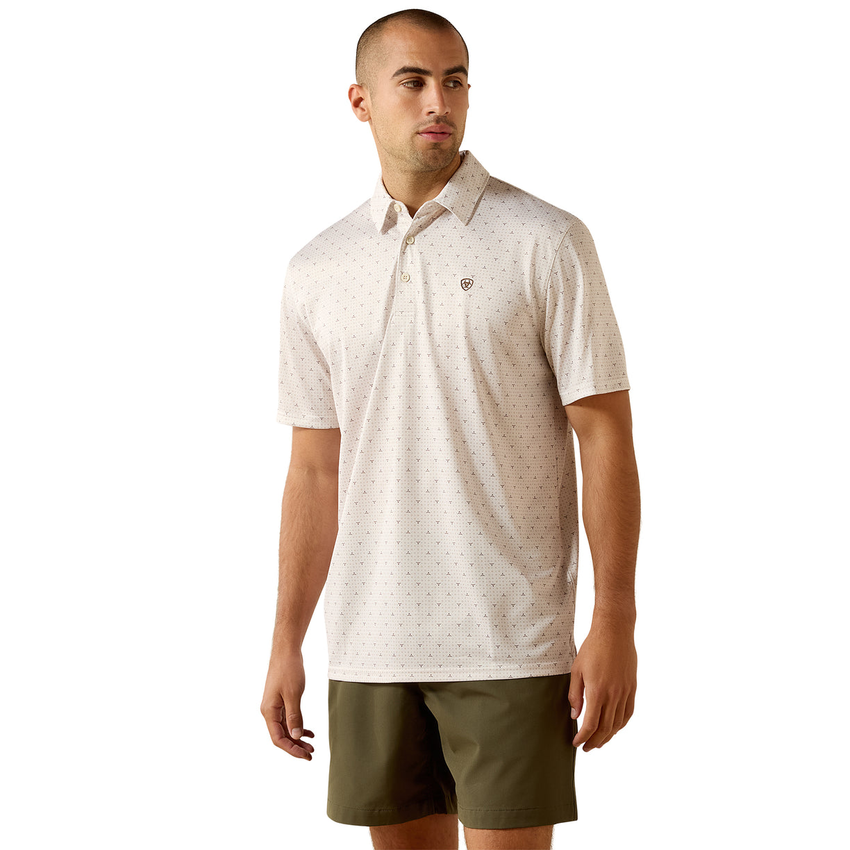 Ariat All Over Print Classic Fit Polo in cream, paired with olive shorts