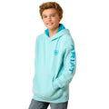 Child wearing a light blue hoodie with 'Ariat' branding on a white background