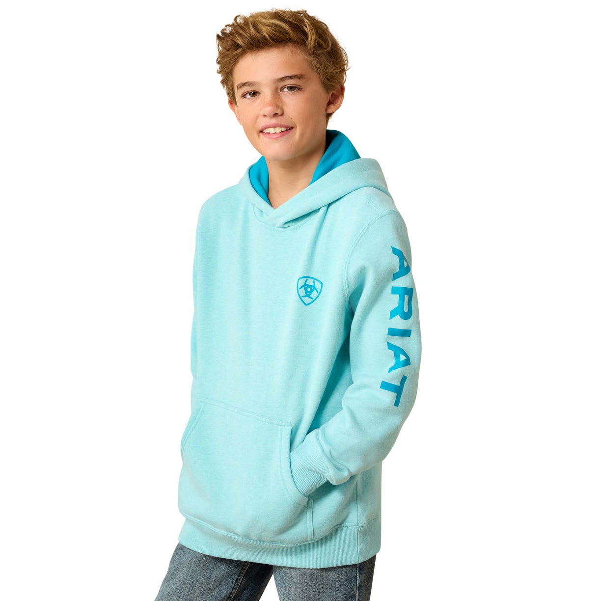 Child wearing a light blue hoodie with 'Ariat' branding on a white background