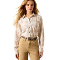 Beige and brown plaid flannel shirt with snap buttons and western yoke detailing, the Billie Jean Shirt.