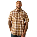 Man wearing a brown plaid short sleeve work shirt with dual chest pockets