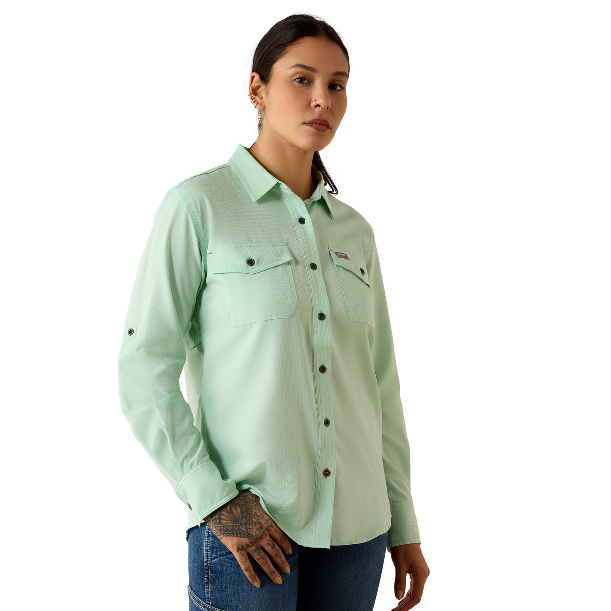 Light green button-up work shirt with double chest pockets, long sleeves