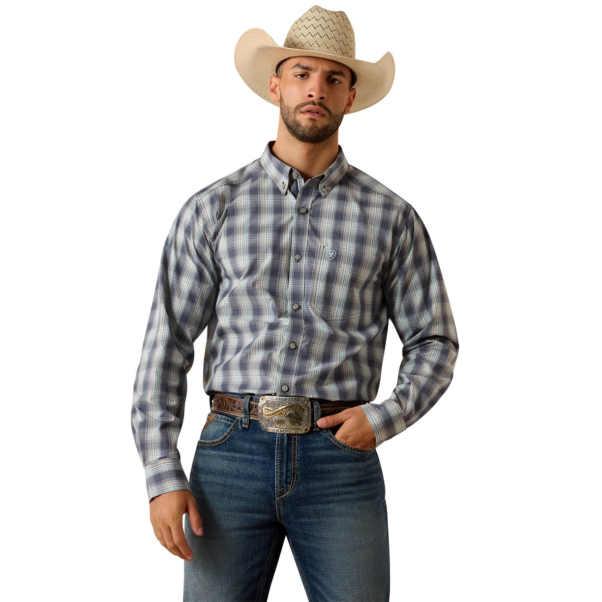 The Pro Series Priest Fitted Shirt in a grey plaid check, button-front with chest pocket, styled with a belt and jeans.