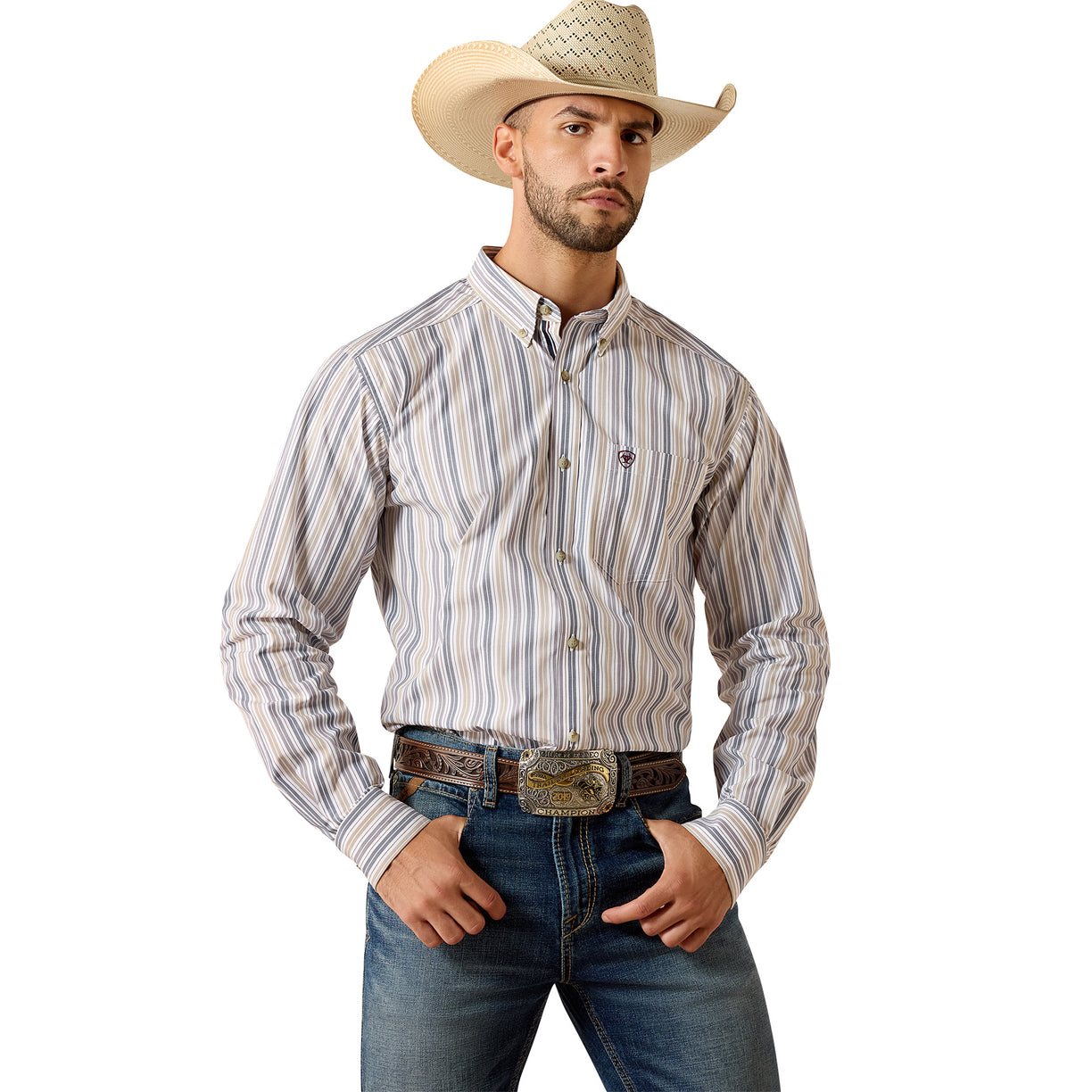 Man wearing the Ariat Pro Series Pryce Fitted Shirt in a tan and blue stripe, paired with jeans and a cowboy hat, front view