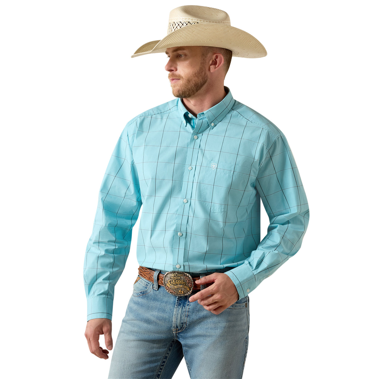 The Pro Series Platt Classic Fit Shirt in turquoise windowpane check, styled with a straw hat and jeans.