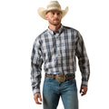 The Pro Series Paolo Classic Fit Shirt in a blue and grey plaid, button-front with chest pocket, styled with a belt buckle and jeans.