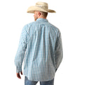 A man wearing a light blue and white checkered long-sleeve western shirt and a beige cowboy hat, shown from the back against a white background.