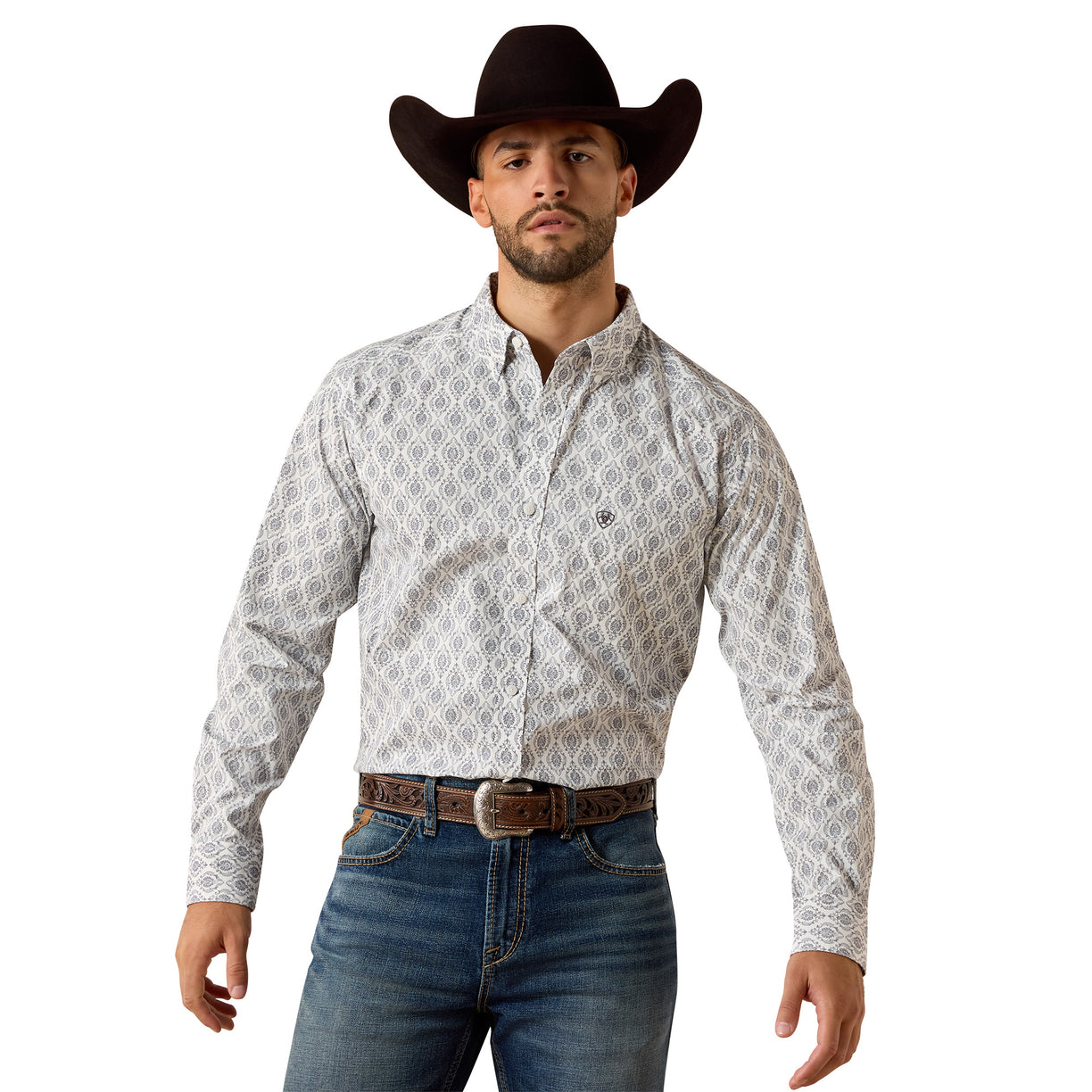 Poe Fitted Shirt shown in a paisley print, buttoned up and worn with jeans.