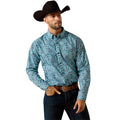 Phelps Classic Fit Shirt in a teal paisley print, tucked with a brown leather belt.