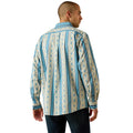 A man shown from the back wearing a long-sleeve button-up shirt with vertical stripes in light blue and beige with a geometric diamond pattern, paired with dark jeans against a white background.