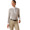 Light beige long sleeve perforated show shirt with white collar and placket