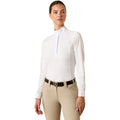 Woman wearing the Ariat Breathe Show Shirt in white with perforated fabric and quarter zip