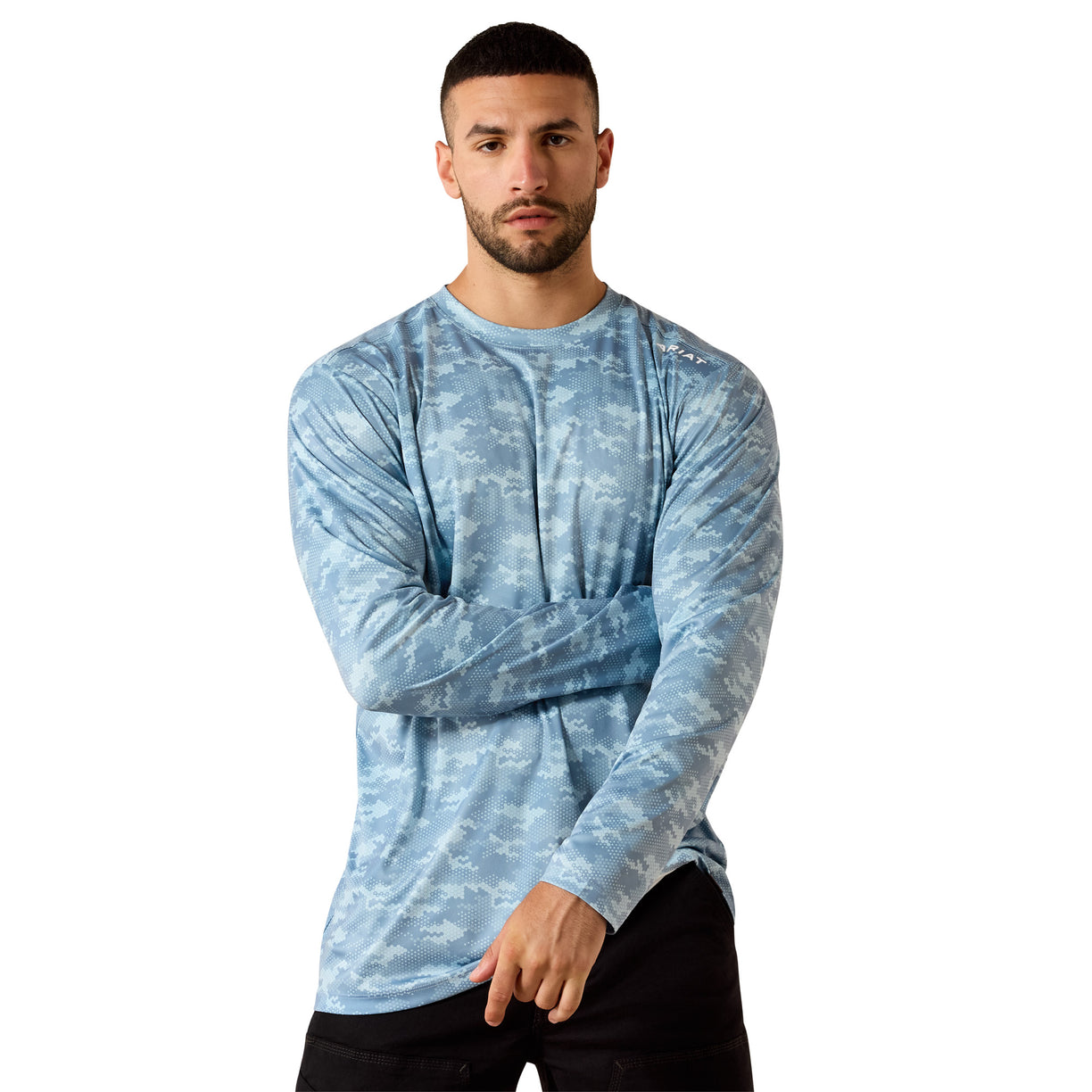 Long sleeve sun protection tee in light blue digital camo print