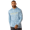 Man wearing an Ariat hooded long sleeve tee in blue camo print with gold logo graphic