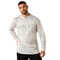 Hooded long sleeve tee in light grey camo print with logo graphic across the chest