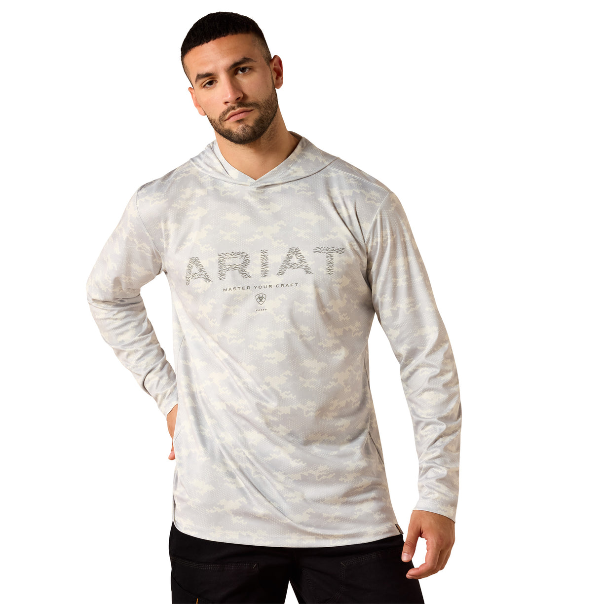 Hooded long sleeve tee in light grey camo print with logo graphic across the chest