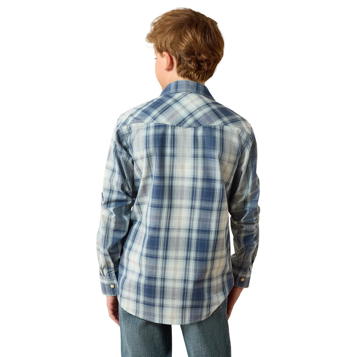 A boy viewed from the back wearing a blue, white, and gray plaid long-sleeve button-up shirt and blue jeans, set against a plain white background.
