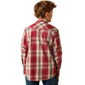 A boy shown from the back wearing a red and beige plaid long-sleeve button-up shirt, paired with blue jeans, against a plain white background.