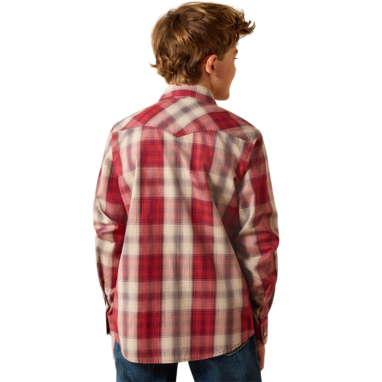 A boy shown from the back wearing a red and beige plaid long-sleeve button-up shirt, paired with blue jeans, against a plain white background.