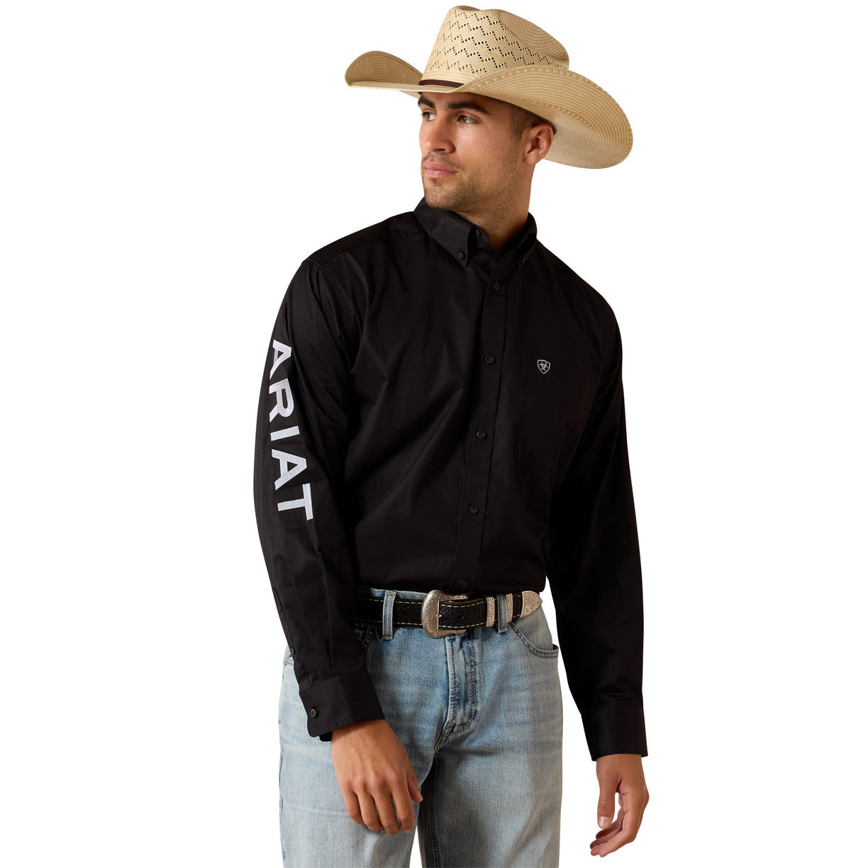 Solid black long-sleeve western shirt with logo lettering down the sleeve.
