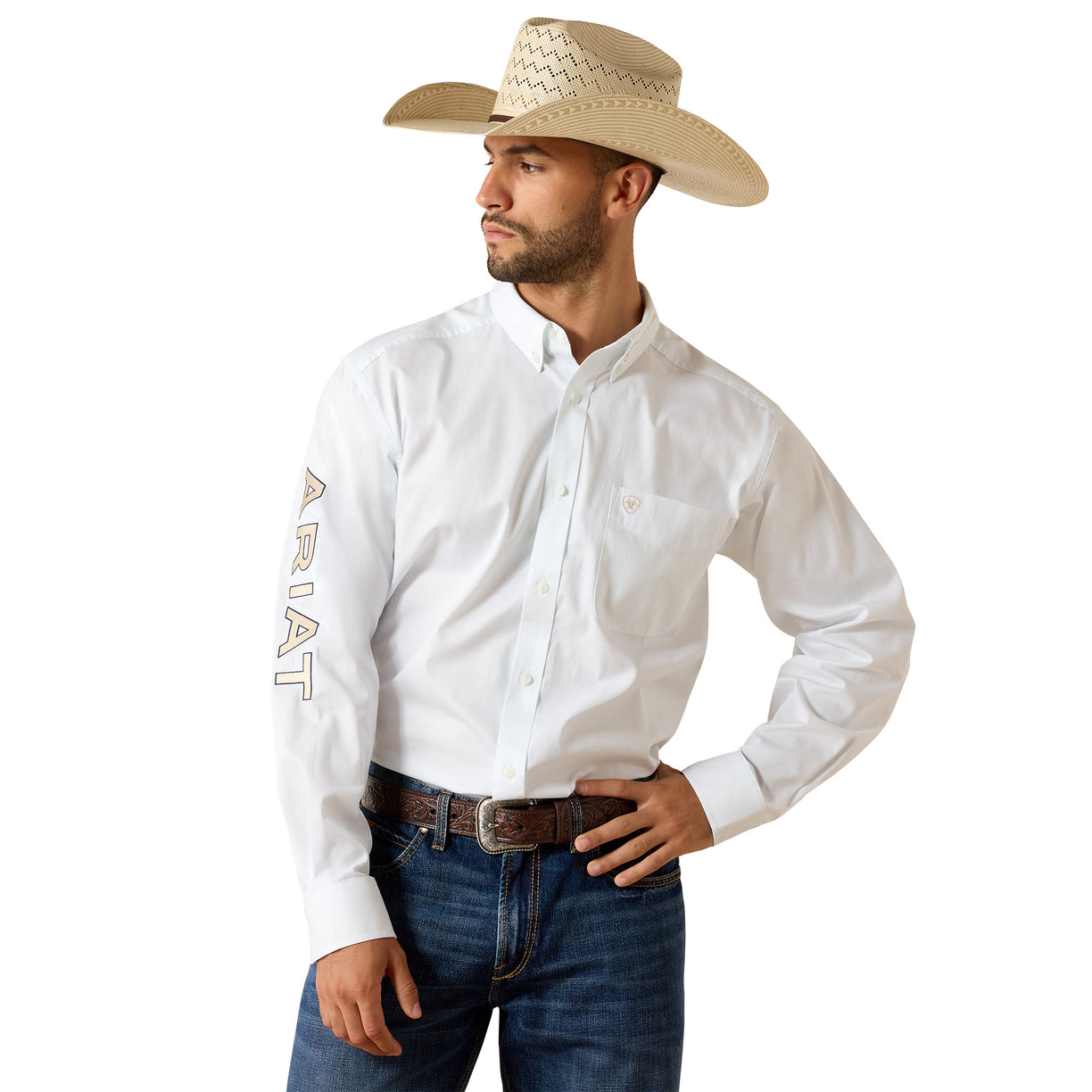 Ariat Team Logo Lightweight Twill Classic Fit Shirt in white with tonal sleeve embroidery.