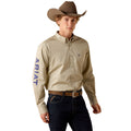 Man wearing a beige Ariat shirt and cowboy hat on a white background