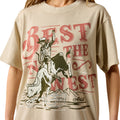 Beige t-shirt with a graphic of a cowboy riding a bull and text 'Best in the West' on a white background.